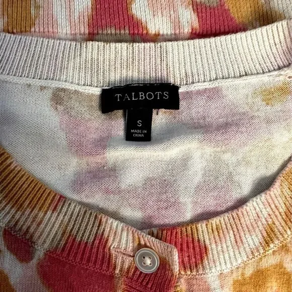 Talbots Cardigan Sweater Abstract Print Crewneck Button Front Orange S bv - Picture 5 of 6